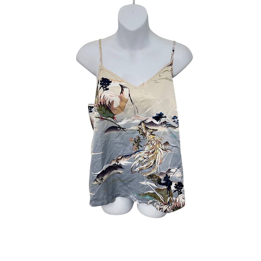 Lindex Cami Top Womens Small Blue Beige Satin Oriental Bird Print V-Neck Strappy